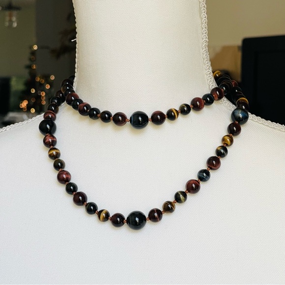 NATURAL TIGERS EYE | Multicolored Gemstones Tigers Eye Round Beaded Necklace 33” - Picture 5 of 15